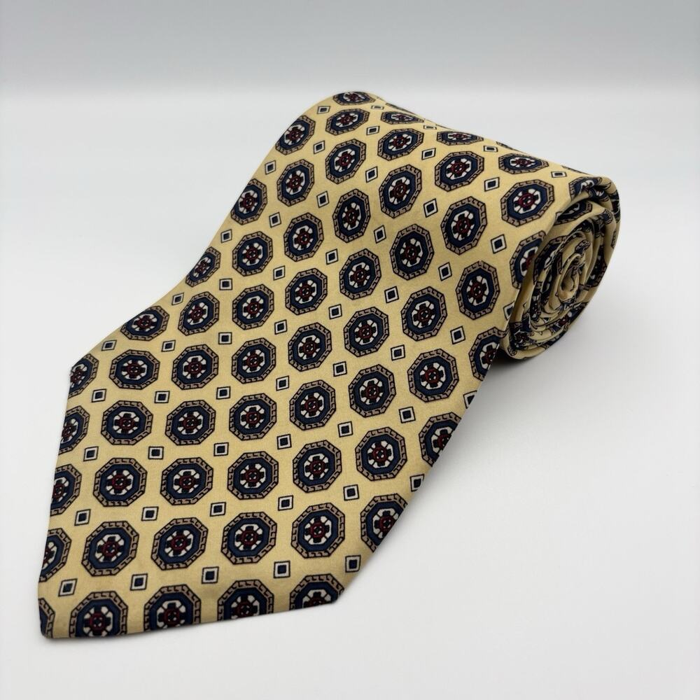 Vintage Liberty of London Mens Silk Tie Yellow Blue Geometric Medallion USA Made